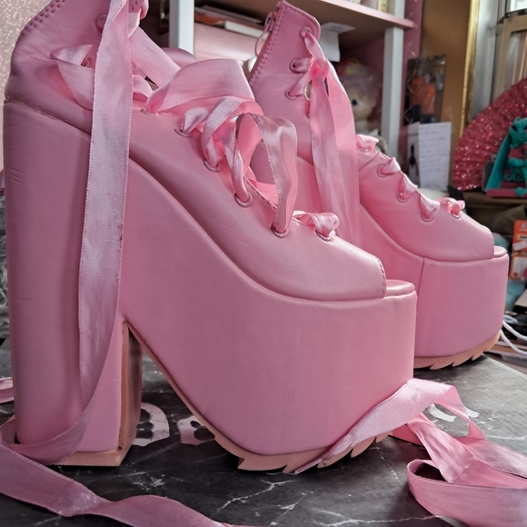 Dolls Kill Pink Chunky Platform Heels W Ballerina Laces! - Picture 1 of 6